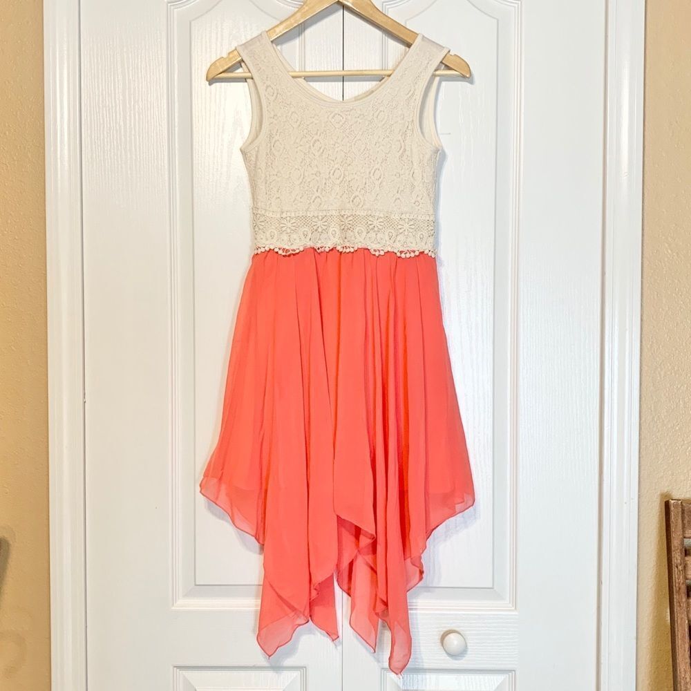 Lily Bleu Asymmetrical Lace Coral and Cream Sleeveless Chiffon Dress Size 12